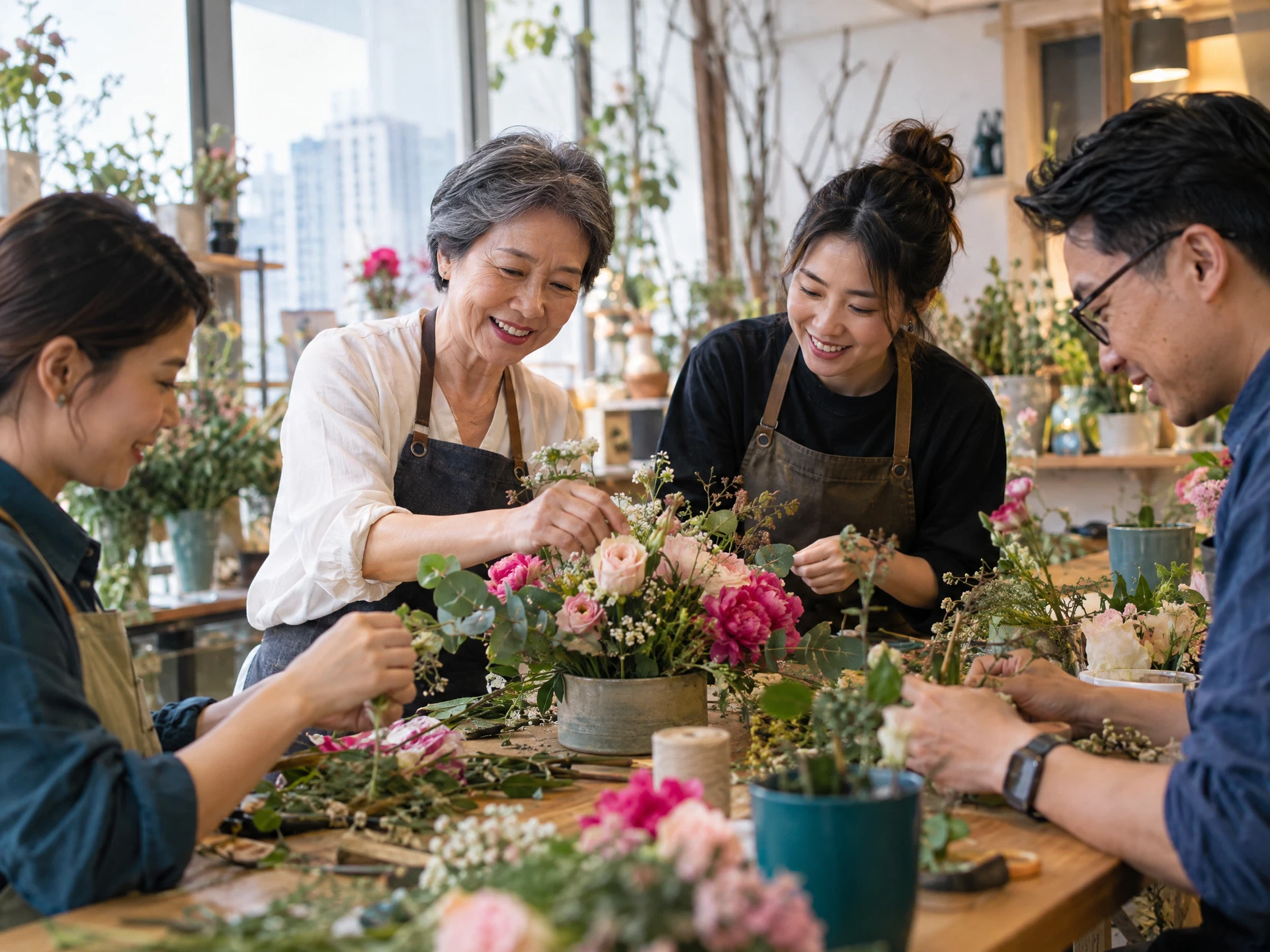 Corporate teammates making a floral arrangement at a community wellbeing workshop