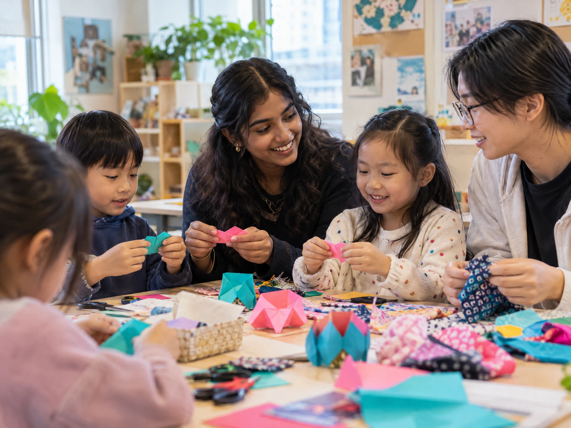 Children learning English through a hands-on craft workshop