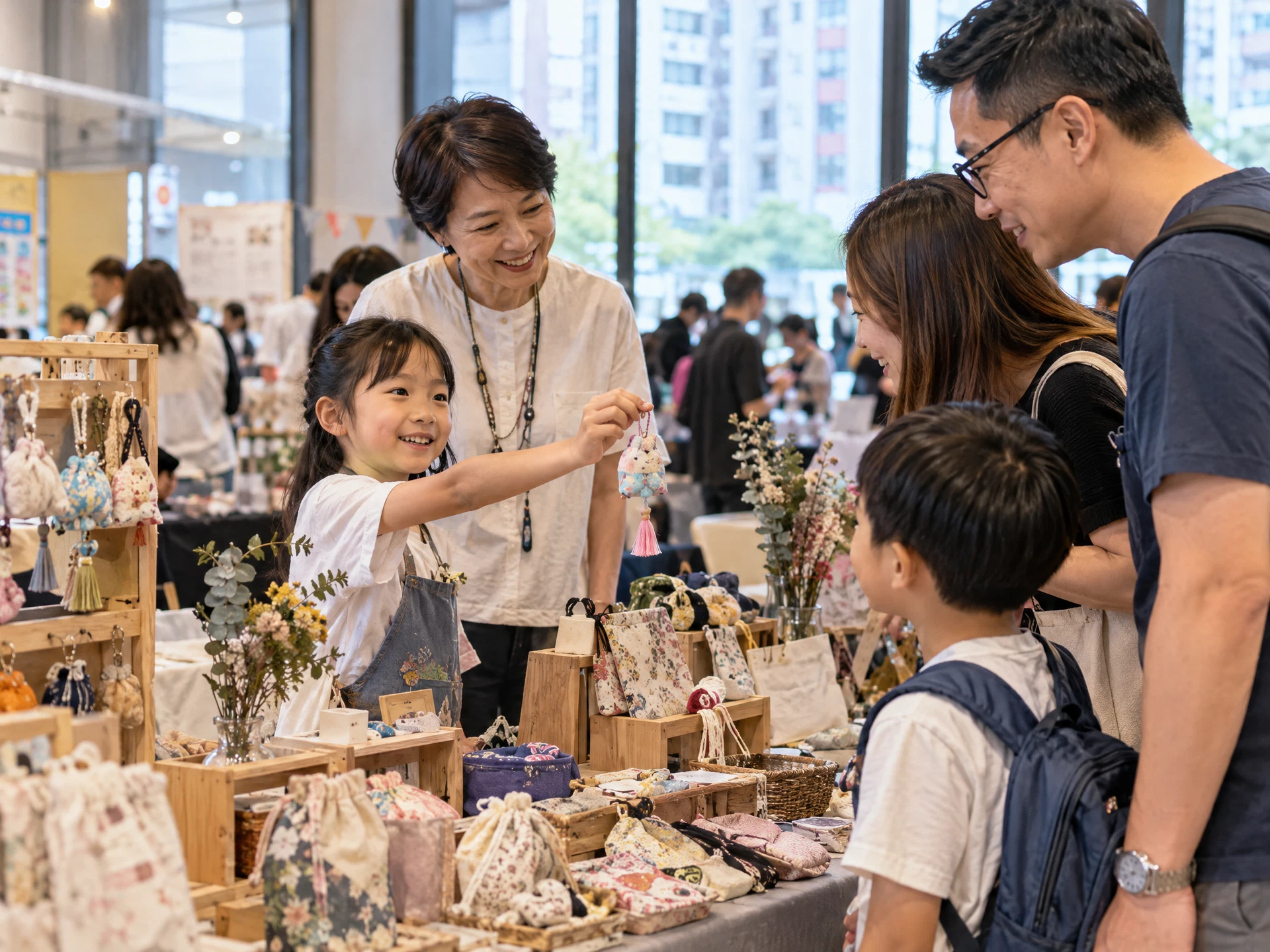 A child presenting handmade crafts at an intergenerational pop-up market