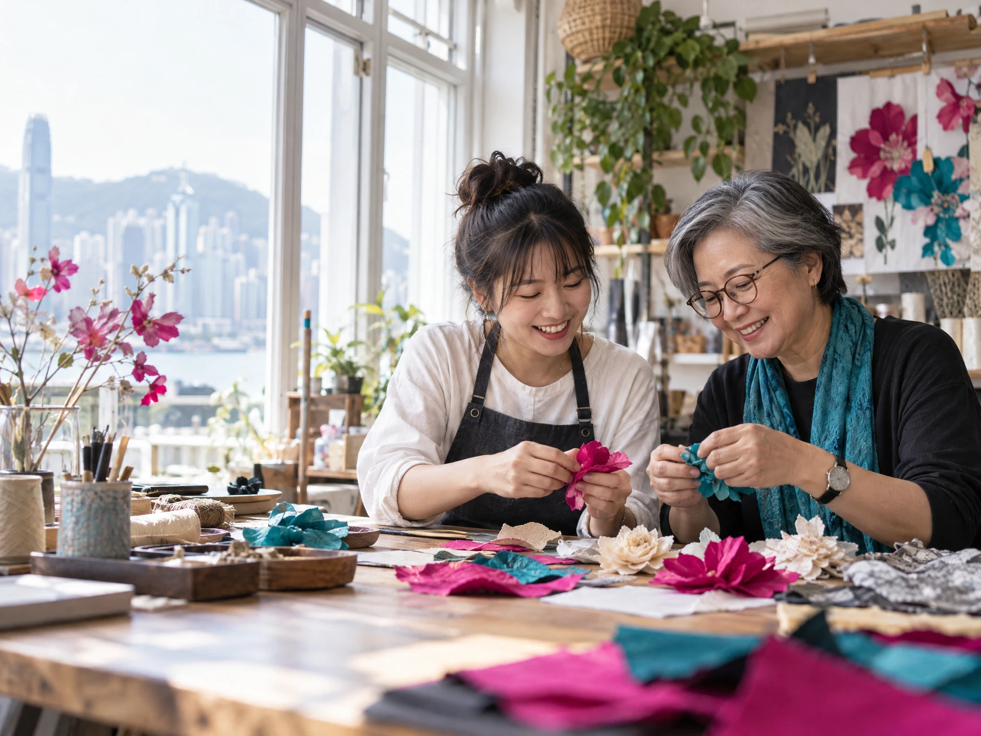 A young craft artist and an experienced professional working together at a community craft table